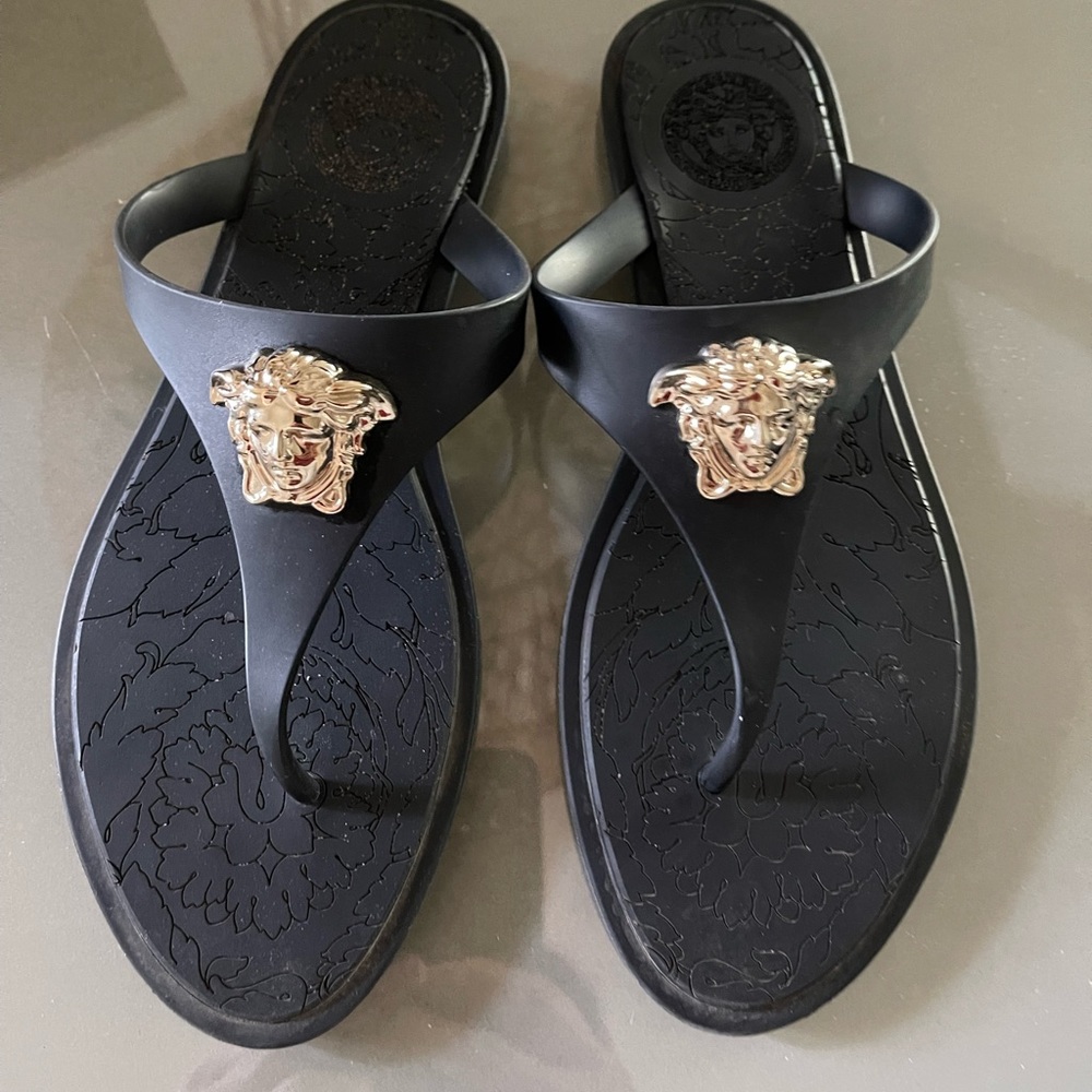 Versace Black with Gold Flip Flops size 37.5.